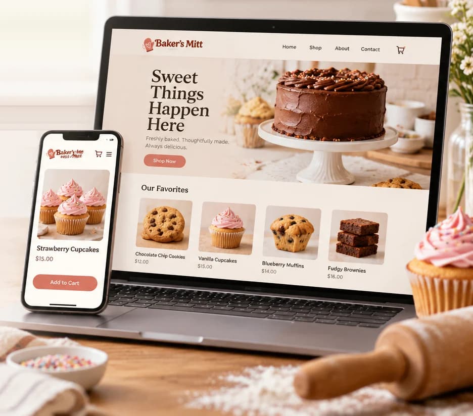 A bakery's Baker's Mitt storefront on a laptop and a phone, with cupcakes, cookies and brownies for sale